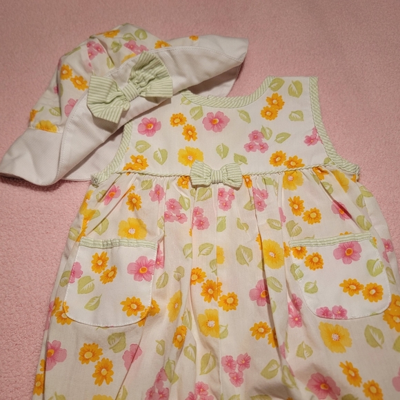 CARTER'S ♡ 2pc Vintage Lime Green 'n White Stripe Trim Bright Floral Romper 3-6M - Picture 9 of 17